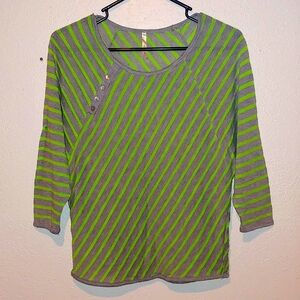 Bright Green & Grey Striped 3/4 Length Shirt * Size M